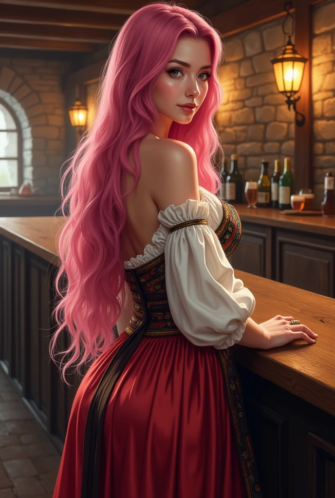 Young woman,Twenty-five years old, Beautiful face, Asian face, Long pink hair, Wearing Central European clothing, Female staff, Big chest, Thin waist, Big butt, In a medieval bar, Painting style: realistic