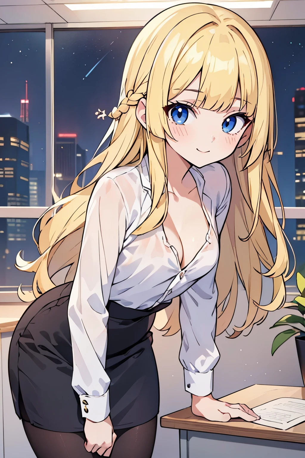 cowboy shot, Young adult girl, 1 girl, yellow hair, hime cut, extra long hair, light blue eyes, golden blonde hair, voluminous hair, disheveled wavy hair, (small breasts), (young female body: 1.4) night time, night ambience, office, leaning against desk, black pantyhose, black office skirt, white shirt, tight pencil skirt, unbuttoned shirt, cleavage, dynamic posing, pulling skirt down with hands, hands on front of skirt, leaning forward, 