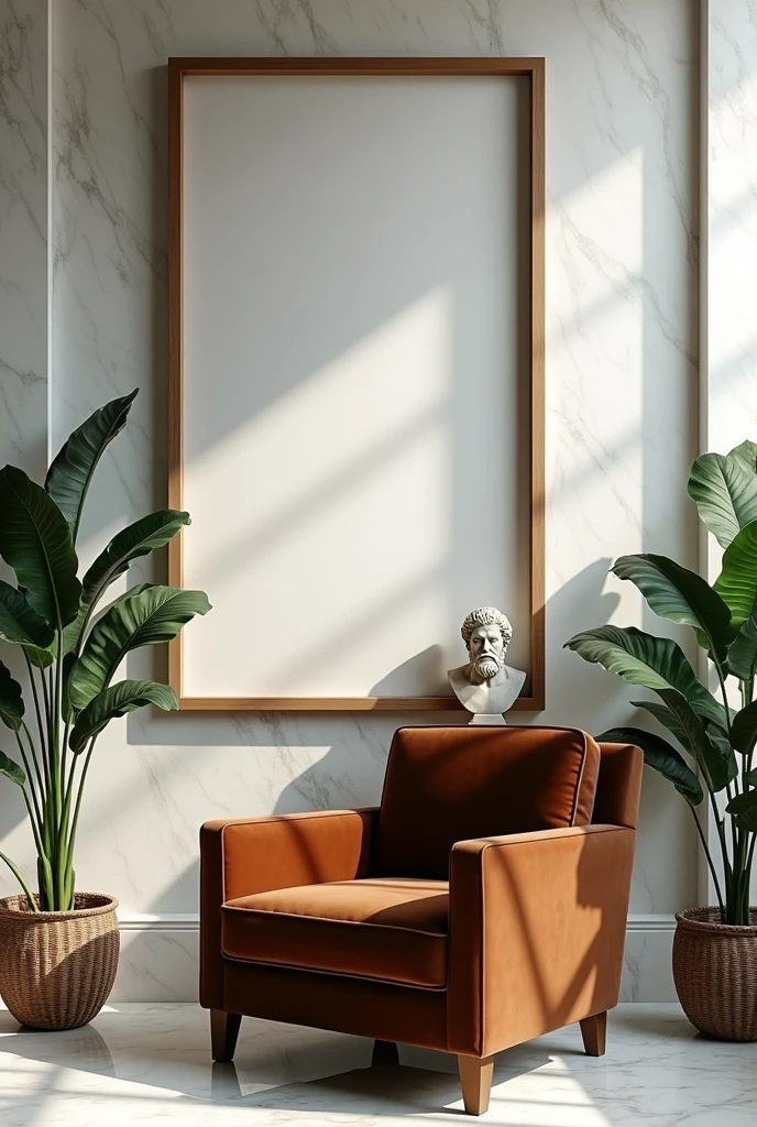 velvet BROWN chair WALL WITH white marbel AND A big EMPTY VERTICAL FRAME, WITH AN ANCIENT SOCKRATES ON THE EDGE ,indoor plants