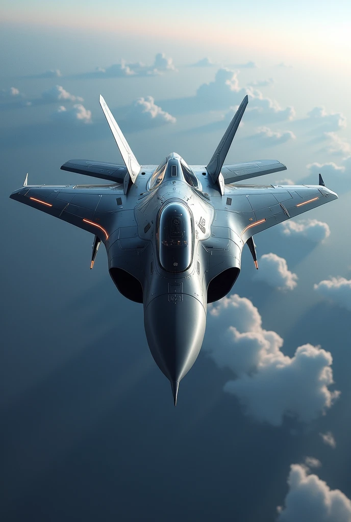 "Create a hyper-realistic image of a futuristic 7th generation fighter jet. The design should incorporate the following elements:
Ultra-sleek, aerodynamic body with no visible angles or edges
Seamlessly integrated variable-geometry wings that can retract into the fuselage
No visible external weapons or fuel tanks - all ordnance stored internally
Cockpit fully blended into the airframe, nearly indistinguishable from the body
Adaptive skin with active camouflage capabilities, shifting colors and patterns
Plasma-sheath technology visible as a faint, shimmering aura around the aircraft
Minimal vertical stabilizers or tail surfaces
Variable-geometry engine nozzles, nearly invisible when closed
Subtle, embedded energy weapon emitters along the leading edges
Overall organic, almost liquid-like appearance suggesting extreme maneuverability
The jet should be depicted in flight against a dramatic sky background, with a sense of incredible speed and advanced technology. Emphasize the aircraft's stealth characteristics and its ability to operate in both atmosphere and near-space environments."