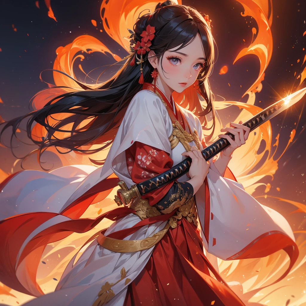 A beautiful female in hanfu dress holding a big and long sword in the middle of Background is a volcano, lava erupting red, close up.