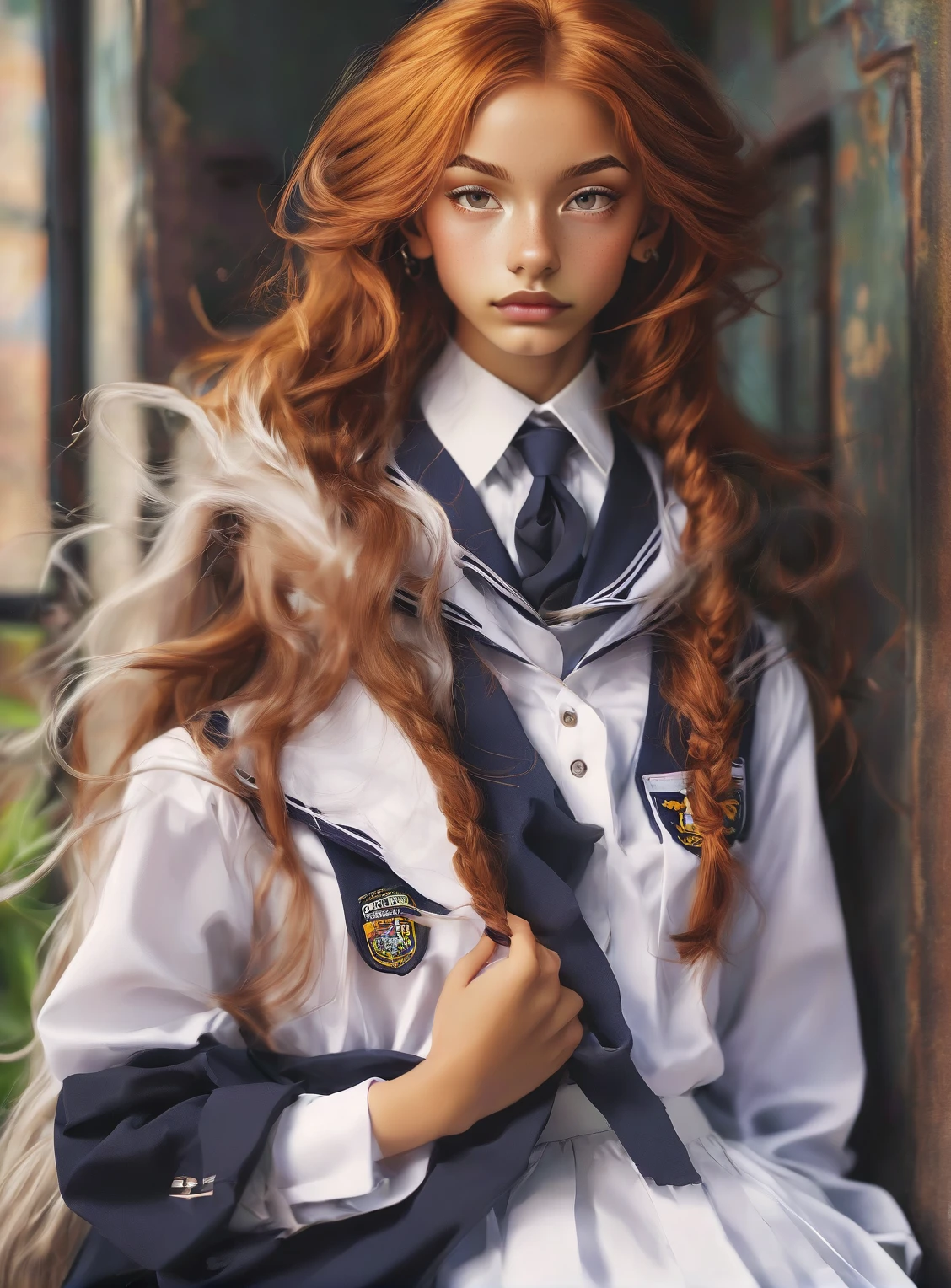 Very beautiful, androgyne, long hair, 18 years, dark brown skin, dollface, perfect face, ginger hair, wearing a school uniform
