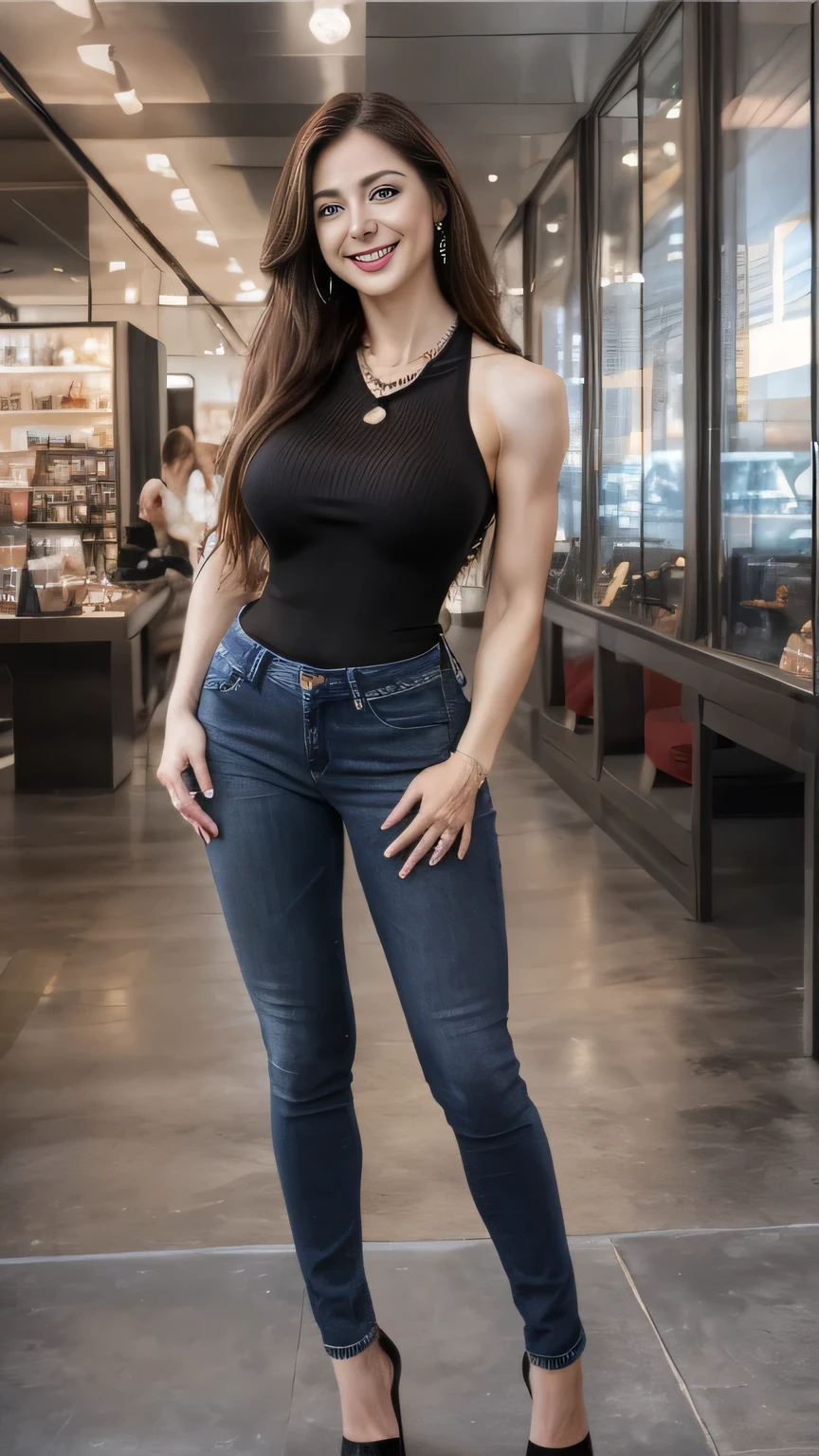 Highest quality, masterpiece, Photorealistic, 8k, 4K, Ultimate resolution, Ultra HD, Dynamic Lighting, Authentic lighting, ((Super beautiful woman))、smile、Sexy Haws、Thin but muscular、Big Breasts、Big Ass、Super long brown hair、Wearing a necklace、170cm tall and great style、Wearing slim jeans、Wearing black high heels、Black Tank Top、Downtown Urban、