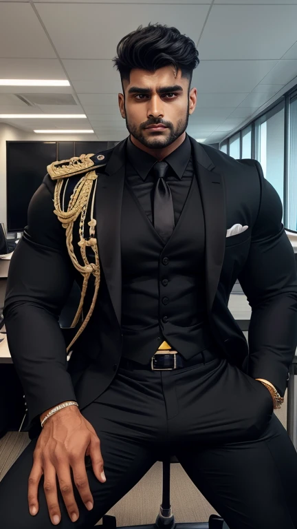 A ARJUN Indian Gurjar man with big shinning eyes big lips wide jawline beautiful hunk face spiky black hairstyle, weared formal suit and huge bulge, standing in office with spread legs, head to thighs