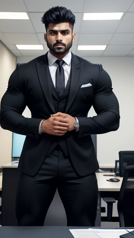 A ARJUN Indian Gurjar man with big shinning eyes big lips wide jawline beautiful hunk face spiky black hairstyle, weared formal suit and huge bulge, standing in office with spread legs, head to thighs