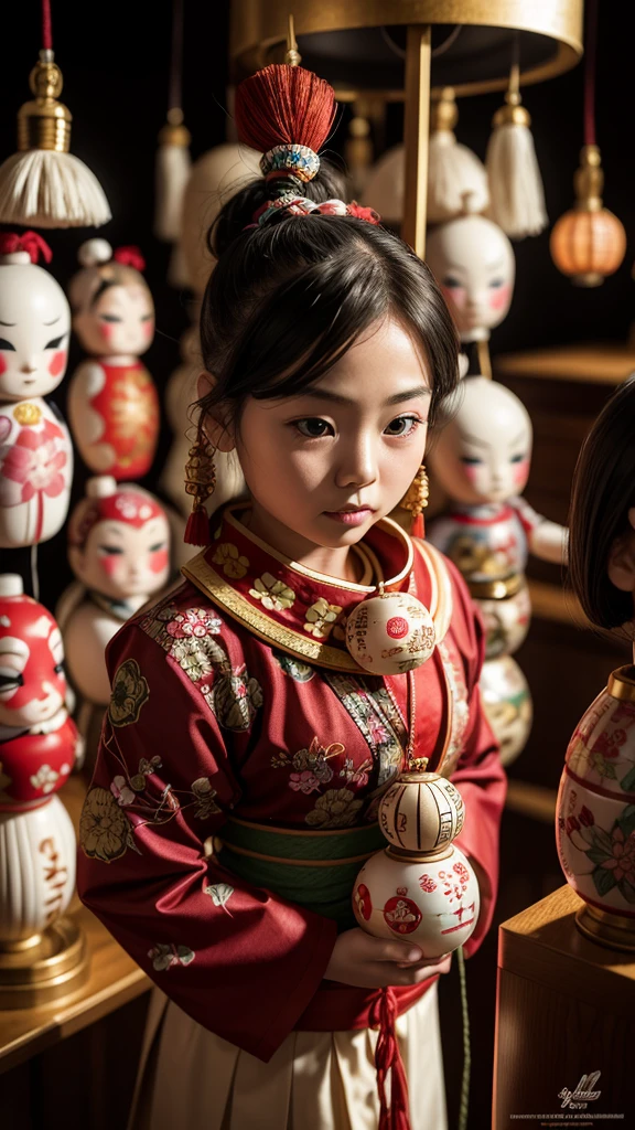 photography of Japanese kokeshi dolls, indoor traditional background, photorealistic, Award winning photography, Insanely detailed and intricate, stunning, Professional lighting, close up shot