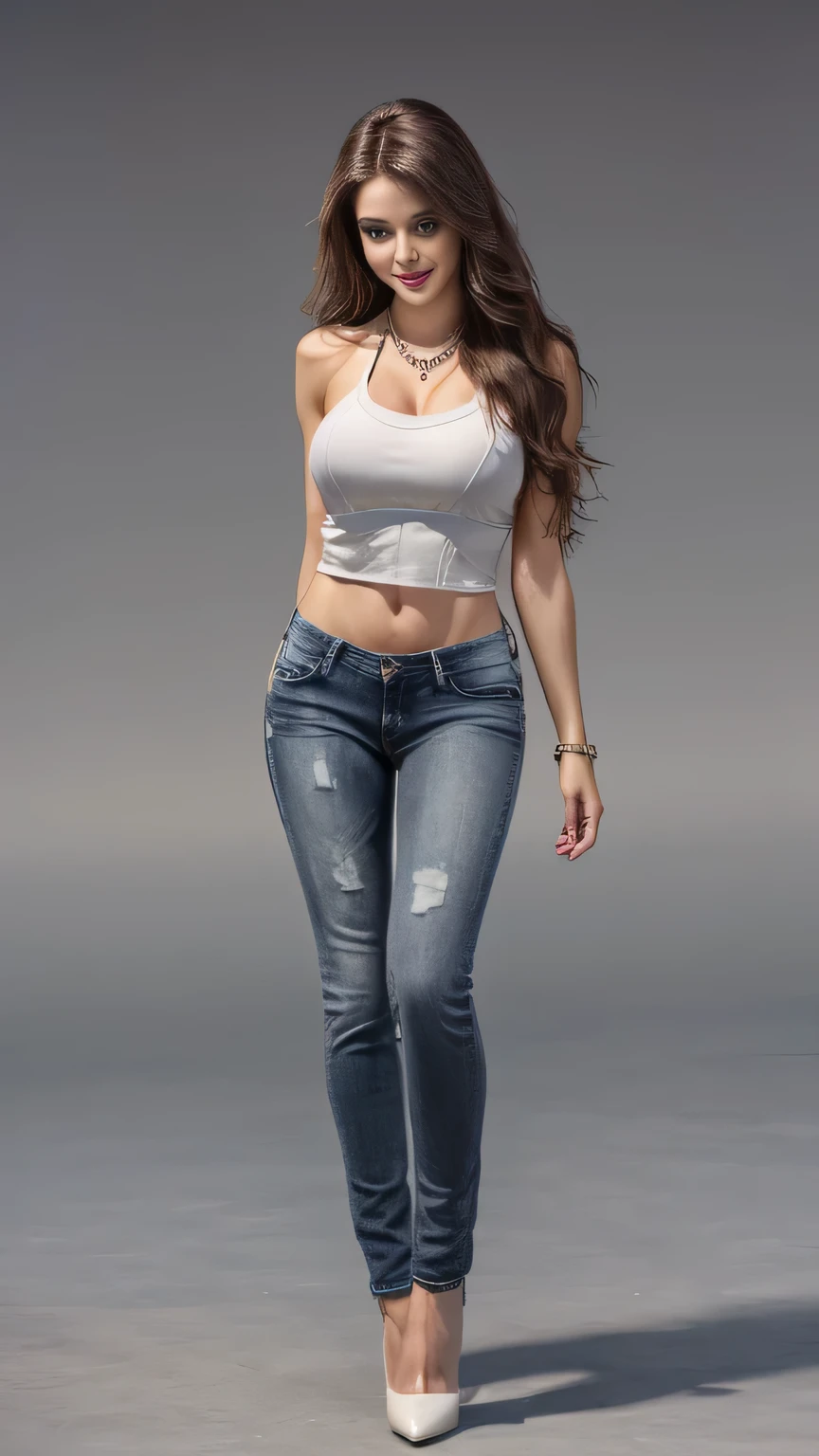 Highest quality, masterpiece, Photorealistic, 8k, 4K, Ultimate resolution, Ultra HD, Dynamic Lighting, Authentic lighting, ((Super beautiful woman))、smile、Sexy Haws、Thin but muscular、Big Breasts、Big Ass、Super long brown hair、Wearing a necklace、170cm tall and great style、Wearing slim jeans、Wearing black high heels、Black Tank Top、Downtown Urban、