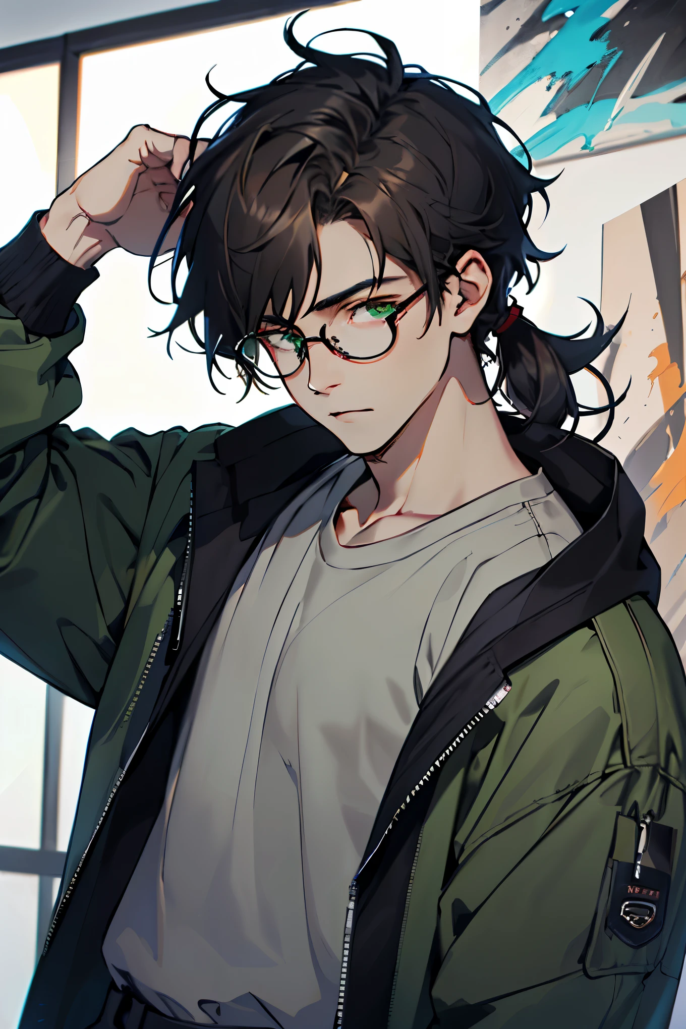 ((melhor qualidade)), ((obra de arte)), (detalhado), 1 man character, slender body, pale skin, messy black shoulder-length hair, dark eye circles, green jacket, gray shirt, black circled glasses, portrait, brown pants, tired expression