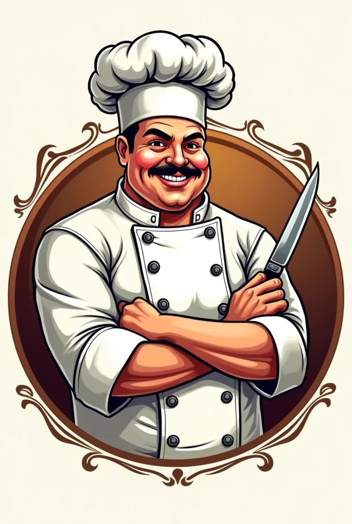 A round logo for a restaurant with a fat chef with his arms crossed holding two knives