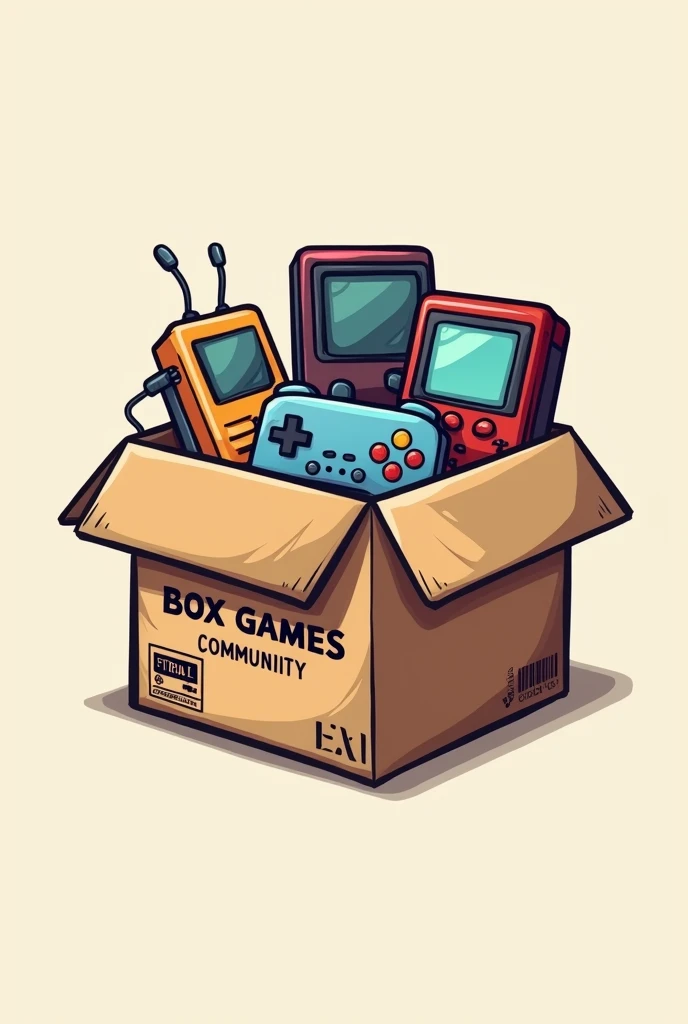 create a logo with electronic games inside a cardboard box with the words Box Games Community written on the box