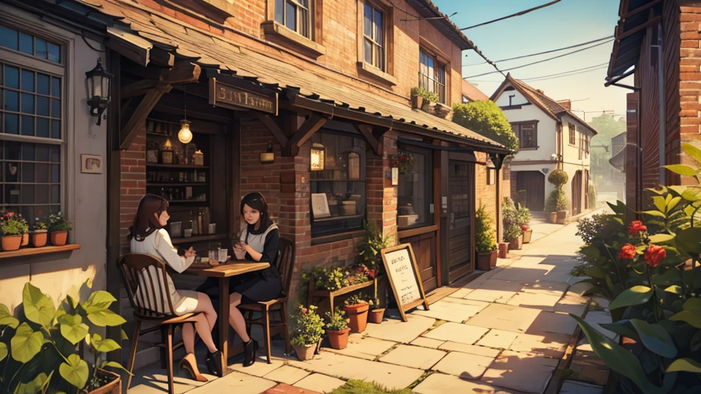 Two friendly women are chatting in a quaint brick cafe