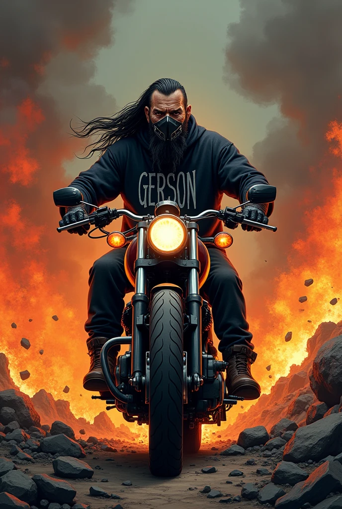 Old metalhead, with a sweatshirt with the name Gerson in blackmetal style letters, in a landscape of destruction and war in hell with lots of fire, megadeth style illustration, Medium long black hair shaved viking style viking style haircut age 60 years old call of duty ghost mask on motorcycle ghost rider style long hair and mask 