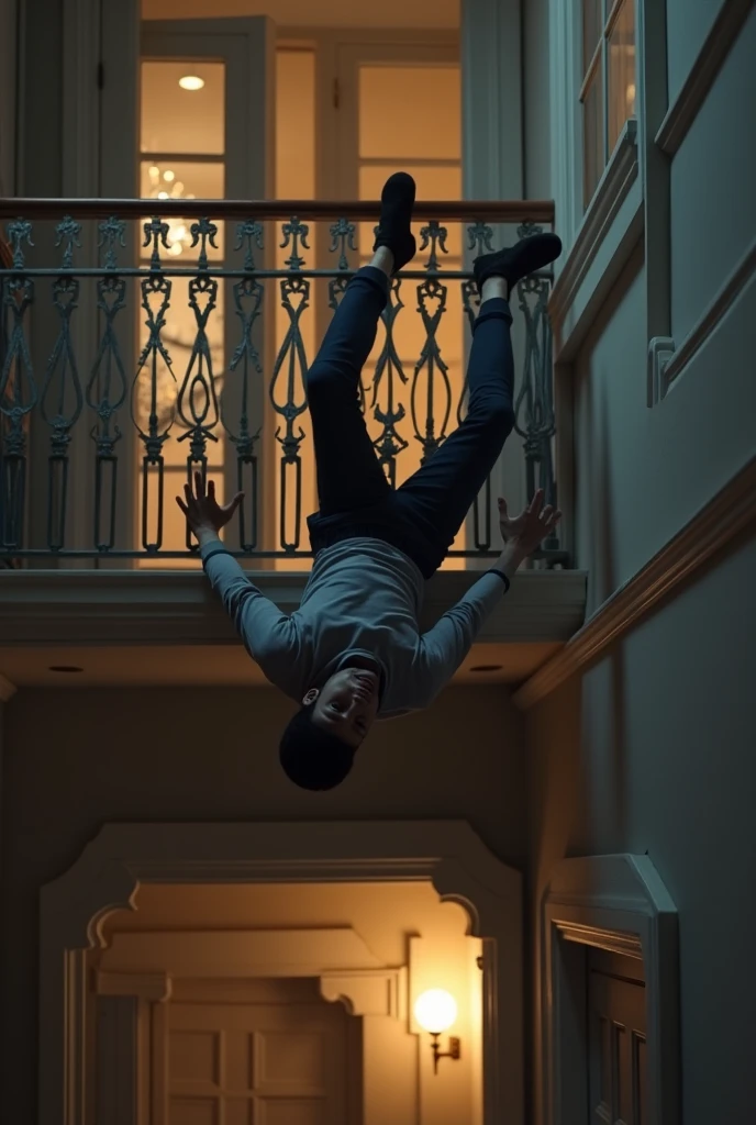 Young man falling backwards from the balcony of his house to the first floor