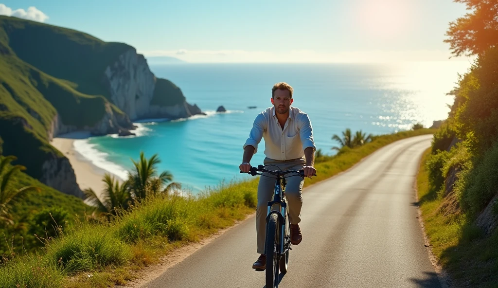 Shin-Kai Makoto Animation Style, a man riding a bicycle along a coastal road, (best quality,4k,8k,highres,masterpiece:1.2),ultra-detailed,(realistic,photorealistic,photo-realistic:1.37),detailed description of the man's face and features, detailed clothing, man riding a bicycle, coastal road, ocean, blue skies, sunny day, landscape, seascape, detailed scenery, detailed environment, cycling, outdoor activity, Honda Hiroshi, Okada Hanko, Torii Kiyomoto, crossing the blue horizon, (best quality,4k,8k,highres,masterpiece:1.2),ultra-detailed,(realistic,photorealistic,photo-realistic:1.37)