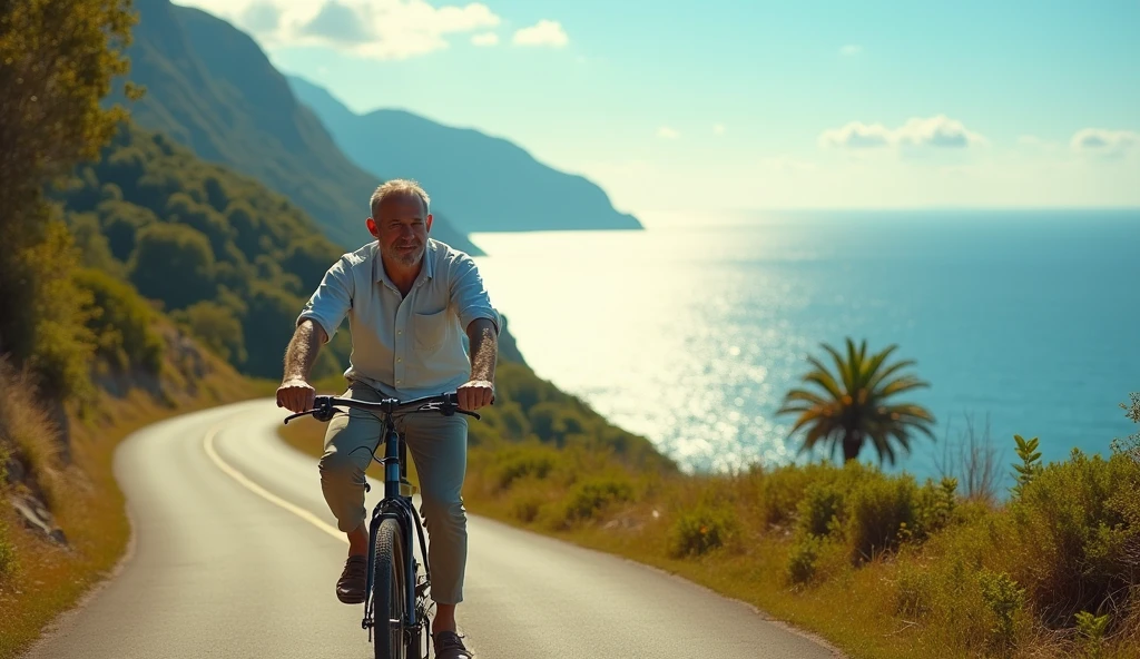 Shin-Kai Makoto Animation Style, a man riding a bicycle along a coastal road, (best quality,4k,8k,highres,masterpiece:1.2),ultra-detailed,(realistic,photorealistic,photo-realistic:1.37),detailed description of the man's face and features, detailed clothing, man riding a bicycle, coastal road, ocean, blue skies, sunny day, landscape, seascape, detailed scenery, detailed environment, cycling, outdoor activity, Honda Hiroshi, Okada Hanko, Torii Kiyomoto, crossing the blue horizon, (best quality,4k,8k,highres,masterpiece:1.2),ultra-detailed,(realistic,photorealistic,photo-realistic:1.37)