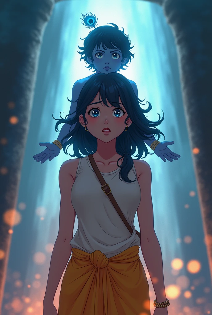 Visualize an anime-style scene where a woman is in a dangerous situation, feeling fearful.  Krishna, around 2 to , appears behind her, radiating a protective and comforting aura. His bluish-black skin shines with a divine light, and his eyes are full of assurance and safety. He’s dressed in a yellow dhoti, with a small peacock feather in his hair. The background should show a calming, glowing light that contrasts with the danger, symbolizing Krishna’s divine protection."