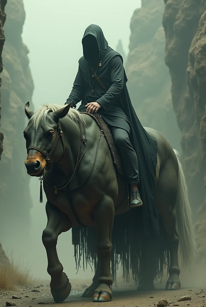 A fat veiled woman walks on her hands and feet, and a man rides on her
