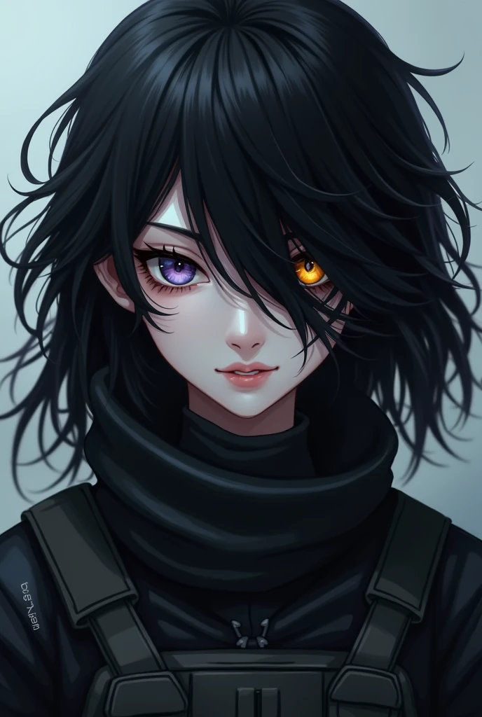 Crow's appearance, she naturally has a rather pale complextion, matched with her black wavy hair and unique eyes her left eye violet and her right eye yellow, and her bangs that always seem to cover her right eye giving her a shy vibe, often wears civilian tactical clothes