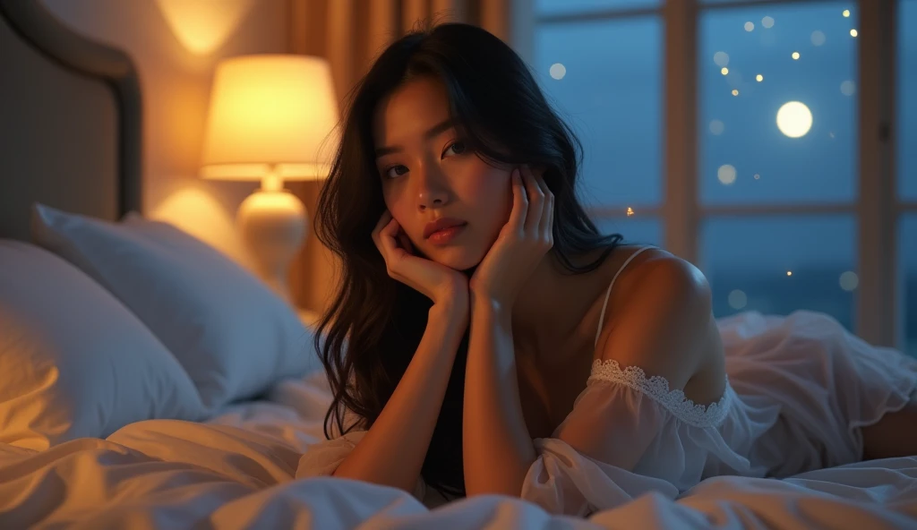(photorealism:1.2), Create an image of an alone confident 2 Filipina woman with an hourglass body shape, slightly curvy, standing at 5'4". She has fair skin, long and thick hair, and a small heart-shaped face with subtle cheekbones and a rounded chin. Her nose is delicate, pointy, and . She is lying in bed inside a beautifully decorated, well-lit room. The room is warmly illuminated by soft ambient lights, complemented by the gentle moonlight streaming through large windows. She is wearing elegant, transparent lingerie covered by a flowing transparent sleeping gown. The camera is positioned directly in front of her, capturing her serene expression as she is about to say good night. Her hands rest comfortably at her sides or gently touch her face, reflecting her peaceful mood as she prepares to sleep. Outside, the night sky is dotted with stars, adding a tranquil and calming ambiance to the scene.