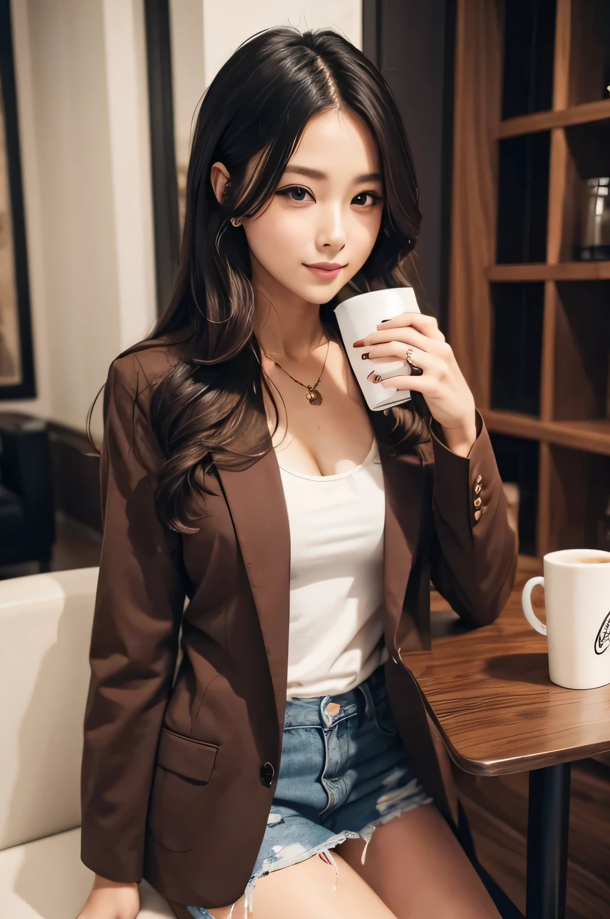Drinking coffee with sexy clothes 