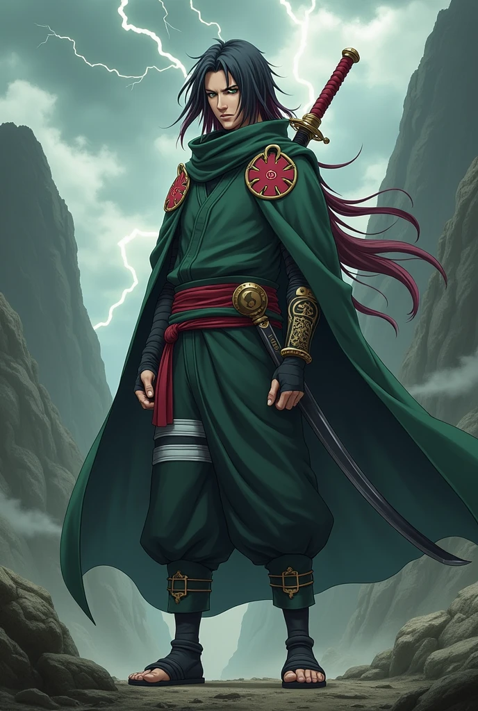 Create a Naruto Shippuden-style version of Ryoshirama Senju stands tall with a commanding presence, embodying the strength and heritage of both the Senju and Uzumaki clans. His skin is fair but carries a healthy, slightly tanned hue, indicating his rigorous training and combat experience. His hair is a striking blend of black and red, flowing down to his shoulders in long, slightly wavy strands. Some strands fall around his face, adding a fierce, dynamic quality to his appearance, while a prominent fringe frames his intense, deep green eyes that echo the gaze of his father, Hashirama.

Across his forehead runs a horizontal scar, a testament to his battle-worn past and resilience. His attire consists of a sleek, dark green armor adorned with red and silver accents. The armor is both protective and flexible, designed to allow for maximum mobility. A flowing, deep green cape, emblazoned with the symbol of the Hidden Leaf Village, cascades from his shoulders, accentuating his authoritative presence.

On his back, Ryoshirama carries a long, polished sword with intricate designs incorporating both Senju and Uzumaki symbols. The blade gleams with a silver sheen, hinting at its sharpness and craftsmanship. He also bears a scroll of jutsu strapped to his back, richly decorated with clan emblems, and a kunai with an ornate blade for both combat and sealing techniques. 

He stands amidst a rugged, mountainous terrain with a dramatic sky overhead, streaked with dark clouds and occasional flashes of lightning. The air around him crackles with a palpable energy, reflecting his readiness for any challenge. His expression is resolute and commanding, exuding a calm determination that underscores his readiness to defend his village and legacy.