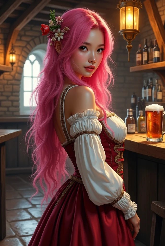 Young woman,​Twenty-five years old, Beautiful face, Asian face, Long pink hair, Wearing Central European clothing, Female staff, Big chest, Thin waist, Big butt, In a medieval bar, Painting style: realistic