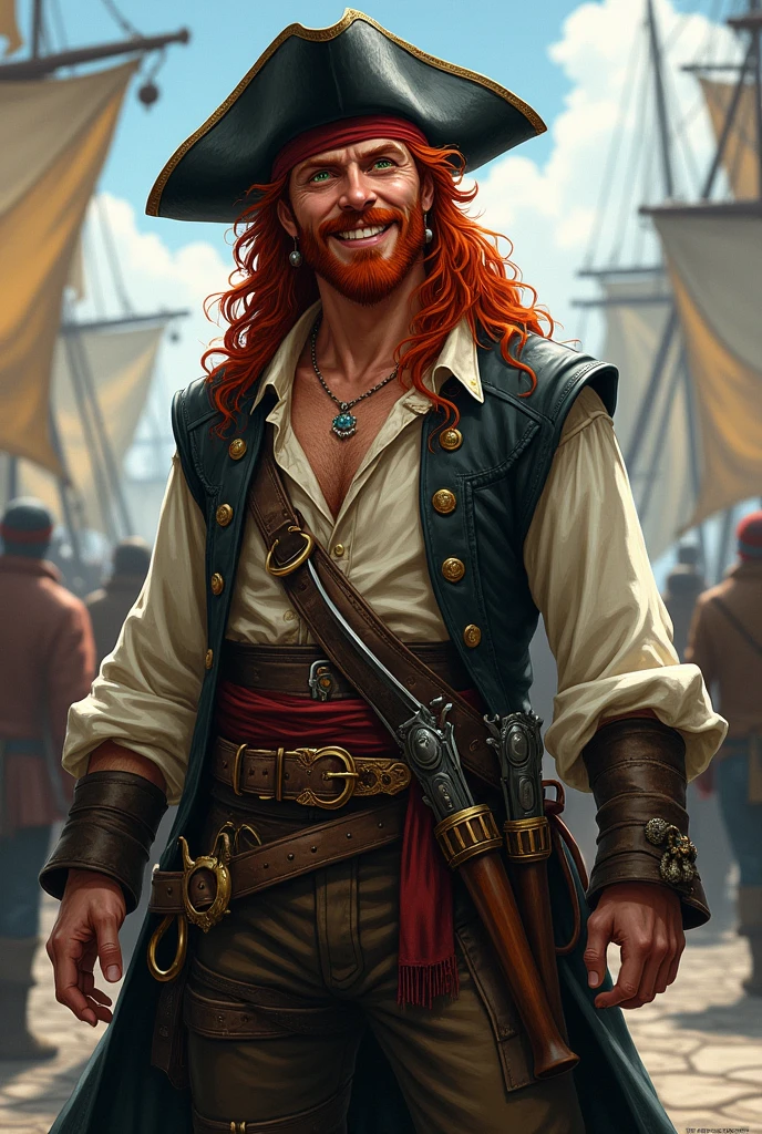 Crea un immagine di un personaggio intero di razza umana per D&D. Un pirata Capelli lunghi rossi con un pizzetto corto e un paglio di baffi sempre rossi. Ha gli occhi verde acqua come il mare e un aria allegra ma epica. Indossa un cappello nero in pelle, porta un trench coat piratesco con sotto una camicia leggera e un gilet danneggiato. Nella cinta porta due sciabole e due pistole. Nell
o sfondo si trova un porto pirata
