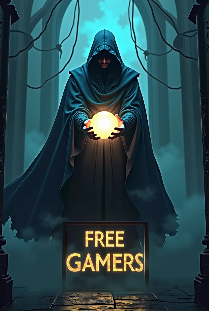 A dark background with a man in a cape with smoke in the background with his hands in the middle holding a sphere with one hand that shines inside , with a sign below that says “FREE GAMERS” The whole image with a touch of neon light