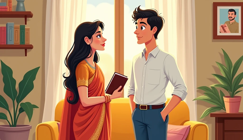 Create an cartoon image of a beautiful women wearing saree in front of her a man standing wearing white shirt and blue pant. Women has diary in her hand and reading they are standing inside the house