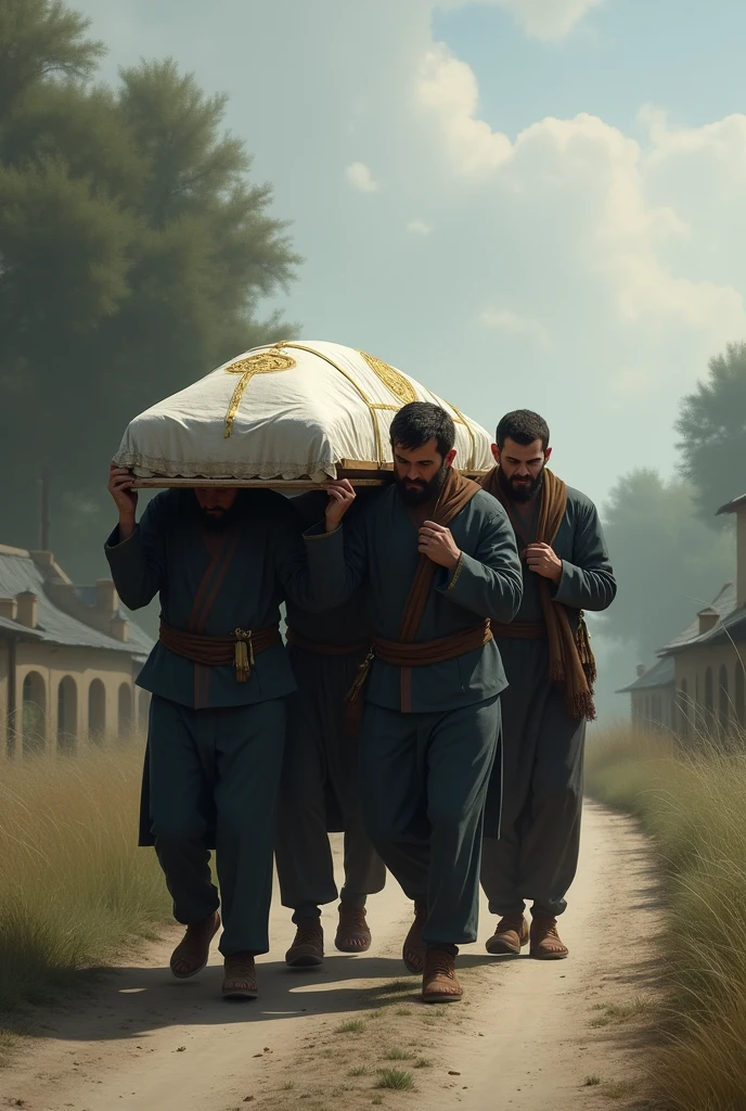 Four people carrying the of a woman on their shoulders on the road