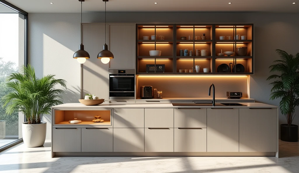 Create a high-quality, elegant kitchen design with custom-made glass cabinets with LED lighting in the cabinets with pendant lights that incorporate green potted plants