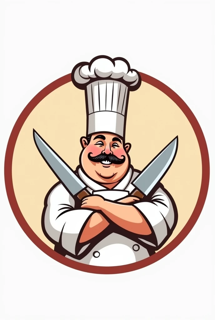 A round logo for a restaurant with a fat chef with his arms crossed holding two 3d knives