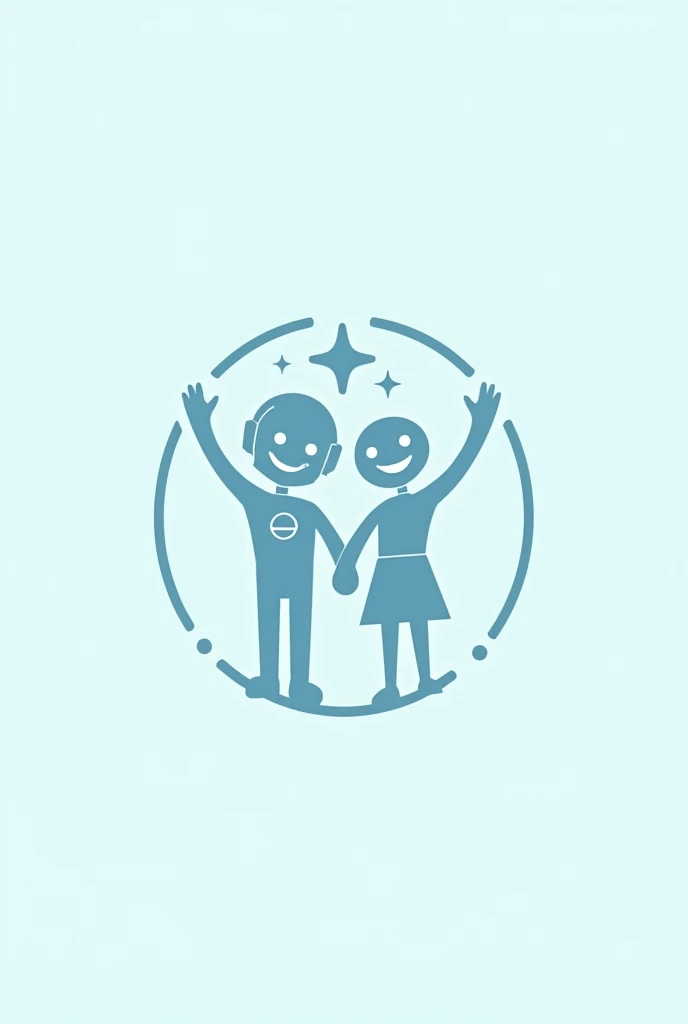 Create a minimalistic logo in a modern vector style. The logo should feature a robot and a human standing side by side, smiling, with their arms raised to form a circle with a star in the center. Use a blue color palette and clean, sharp outlines to highlight the main elements. Ensure the design is extremely minimalistic, using the fewest lines possible to represent the objects. The logo must be flat and vector-based (no 3D effects), with a focus on simplicity and a sleek, contemporary look.