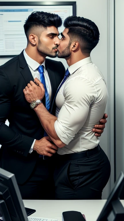 Business man Indian Gurjar gay couple body playing big shinning eyes big lips wide jawline beautiful hunk face spiky black hairstyle, kissing in office 