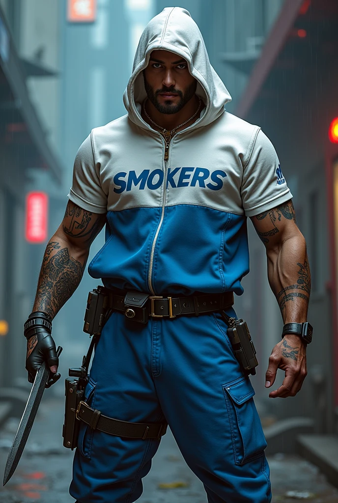 Generate a man assassin holding dagger in right hand.
Outfit: White and blue cybordpuck with clear and not hidden print "smokers".
Background realistic