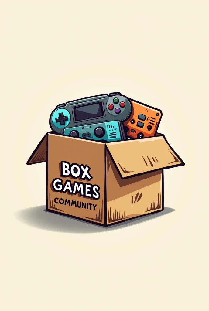 create a logo with electronic games inside a cardboard box with the words Box Games Community written on the box