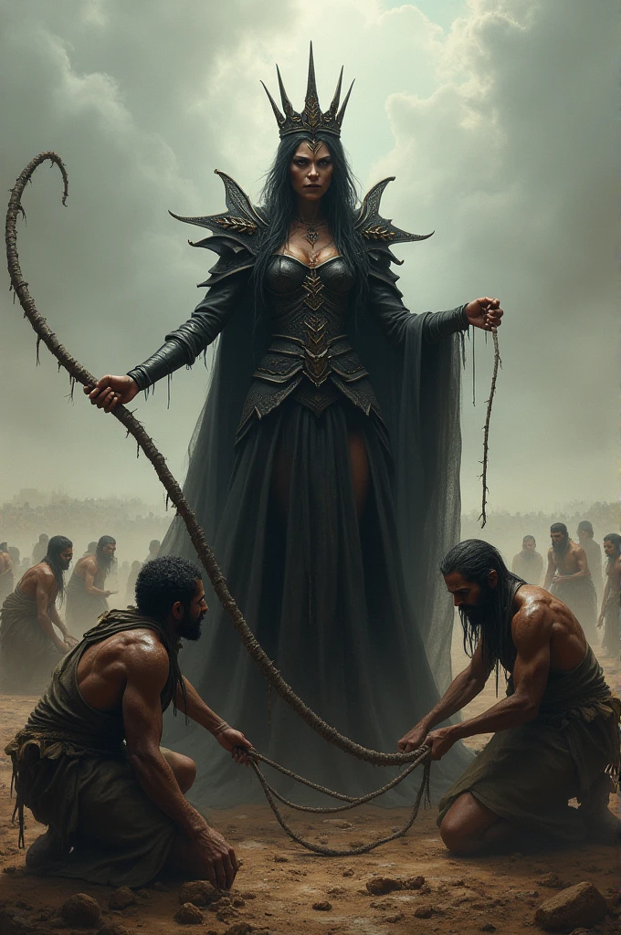 Evil queen lashing the slaves in the field
