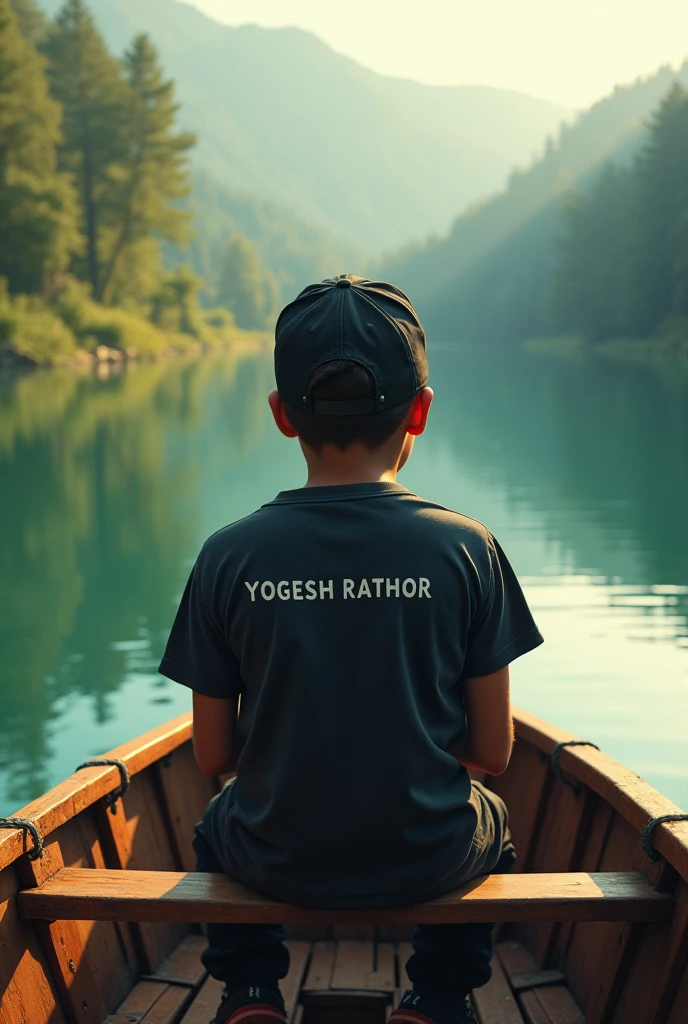 a serene lake with crystal clear water, a 1 boy sitting on boat,the boy wearing a black cap and tshirt , YOGESH RATHOR name on the tshirt, wooden boat, lush green forest in the background, golden hour lighting, highly detailed, photorealistic, dramatic lighting, realistic reflections, stunning landscape, vibrant colors, cinematic composition, the boy looking on face 