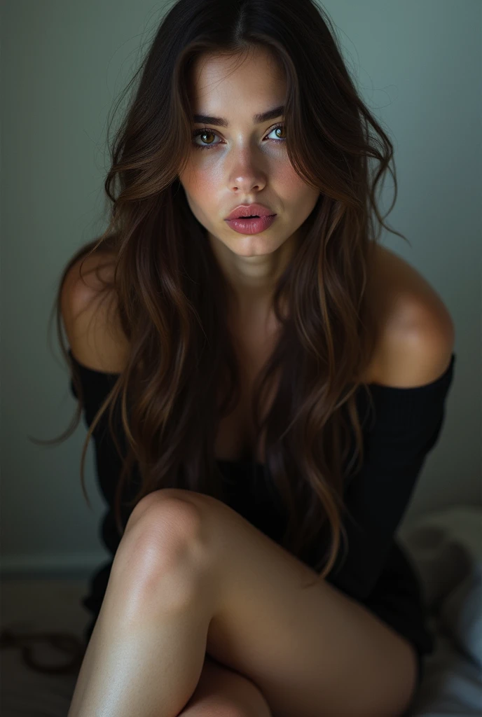 girl with long brown hair , black light eyes, with sexy look , and a cut on the lip , hyper detailed photography , soft light, portrait, realist, full body sitting with legs crossed on a chair throwing a kiss