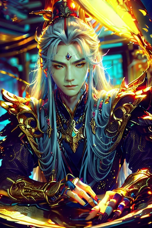
(Best Quality, 8K, Masterpiece, HDR, Soft Lighting, Picture Perfect, Realistic, Vivid), Male Humanoid Dragon (1.0), 1 Guy, red sensual lips,lips detailed,handsome chinese xianxia protagonist,chinese typical face,golden runes scratched on forehead, forehead detailed,(((male))), Perfect Face,golden amber eyes ultra detailed,eyes ultra detailed,Super Detailed Photo of a Magnificent Humanoid Dragon man with long silver hair,golden amber eyes,golden amber eyes detailed,Beautiful anime fantasy,background blur, anime fantasy, Gouves style work, realistic: 1.37, long silver hair, full lips, (((Curvy guy))), (Ultra high quality fantasy art) , Masterpiece , male model, ultra high quality male character designs, detailed 8k anime art, realistic anime art, highest quality wallpapers, intricate ultra high quality accurate male characters faces, high quality design and accurate physics (fantasy - ultra high quality) art) , dark fantasy style), masterpieces, super high-quality characters, anime resolution - 8K, realistic anime art, wallpapers with the highest quality illustrations, ultra-high detail of faces, high-quality design and accurate physics), color, depth of field, shadows, ray tracing, high quality execution. -high quality and 8K resolution, (Accurate simulation of the interaction of light and materials)], [High-quality hair detail [Read more about beautiful and shiny white hair]], (Beautifully detailed hands [perfect fingers [Perfect nails]]], (perfect anatomy ( perfect proportions)))) [[Full height]], [Perfect combination of colors (Accurate imitation of the interaction of light and material)], [art that conveys the meaning of the story](modified)