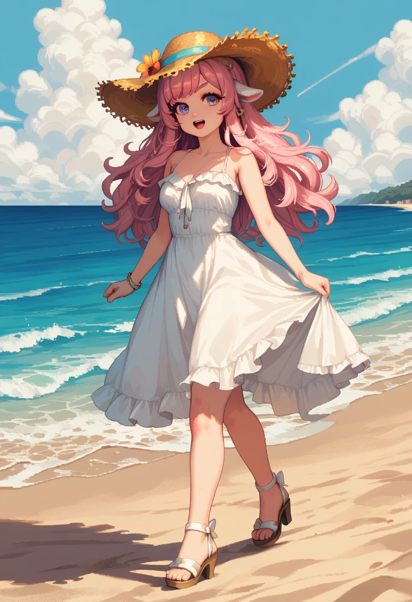 masterpiece, Highest quality, 8k, \(Beautiful pixel art, Vivid, Highest quality\), \((One person)), (young woman, Open your mouth, Fluffy hair, Long Hair, Hair like sheep's hair, Pink Hair, eyebrow, 太いeyebrow, White dress, Straw hat, High heel sandals\), (Highest quality:1.0), (\Seaside, Walking on the beach, evening\), 1 sheep