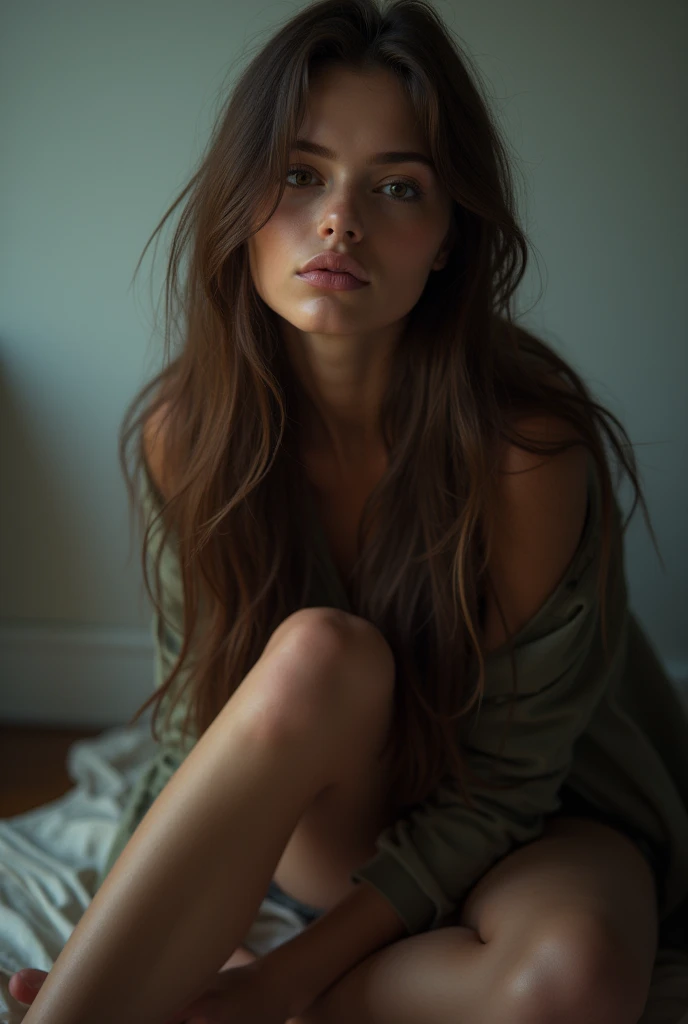 girl with long brown hair , black light eyes, with sexy look , and a cut on the lip , hyper detailed photography , soft light, portrait, realist, full body sitting with legs crossed on a chair throwing a kiss
