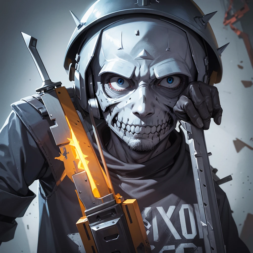 An undead bob the builder with constructon helmet, long scars in the face,  with a bloody long knife 