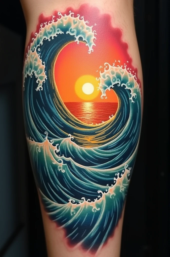 Tattoo with waves with a new sunrise