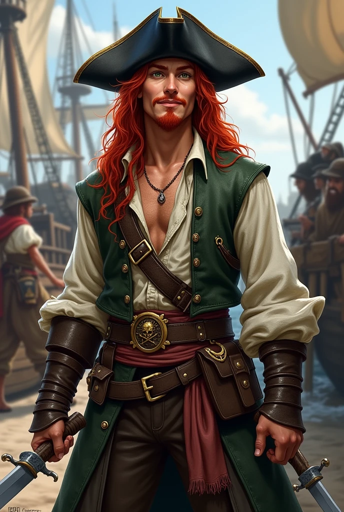 Crea un immagine di un personaggio intero di razza umana per D&D. Un pirata Capelli lunghi rossi con un pizzetto corto e un paglio di baffi sempre rossi. Ha gli occhi verde acqua come il mare e un aria allegra ma epica. Indossa un cappello nero in pelle, porta un trench coat piratesco con sotto una camicia leggera e un gilet danneggiato. Nella cinta porta due sciabole e due pistole. Nell
o sfondo si trova un porto pirata