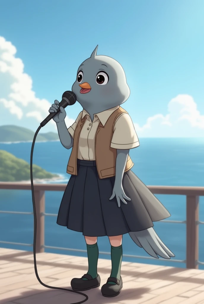 ((Highest quality)), ((masterpiece)), (photograph), (front),Sing with a microphone。
Big cute eyes, human expression。A small grey female pigeon with a head slightly larger than its body。
Off-white short-sleeved collared shirt with a light brown vest、A knee-length black skirt with dark green socks and black shoes、Clear blue sky and ocean views。