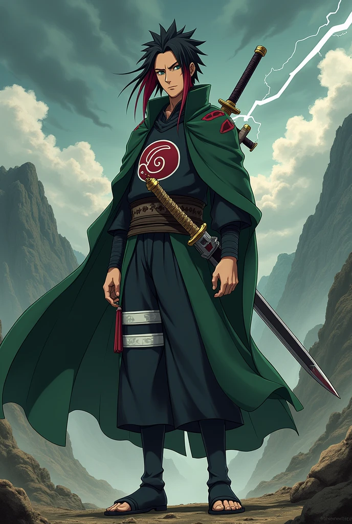 Create a Naruto Shippuden-style version of Ryoshirama Senju stands tall with a commanding presence, embodying the strength and heritage of both the Senju and Uzumaki clans. His skin is fair but carries a healthy, slightly tanned hue, indicating his rigorous training and combat experience. His hair is a striking blend of black and red, flowing down to his shoulders in long, slightly wavy strands. Some strands fall around his face, adding a fierce, dynamic quality to his appearance, while a prominent fringe frames his intense, deep green eyes that echo the gaze of his father, Hashirama.
Across his forehead runs a horizontal scar, a testament to his battle-worn past and resilience. His attire consists of a sleek, dark green armor adorned with red and silver accents. The armor is both protective and flexible, designed to allow for maximum mobility. A flowing, deep green cape, emblazoned with the symbol of the Hidden Leaf Village, cascades from his shoulders, accentuating his authoritative presence.
On his back, Ryoshirama carries a long, polished sword with intricate designs incorporating both Senju and Uzumaki symbols. The blade gleams with a silver sheen, hinting at its sharpness and craftsmanship. He also bears a scroll of jutsu strapped to his back, richly decorated with clan emblems, and a kunai with an ornate blade for both combat and sealing techniques.
He stands amidst a rugged, mountainous terrain with a dramatic sky overhead, streaked with dark clouds and occasional flashes of lightning. The air around him crackles with a palpable energy, reflecting his readiness for any challenge. His expression is resolute and commanding, exuding a calm determination that underscores his readiness to defend his village and legacy.