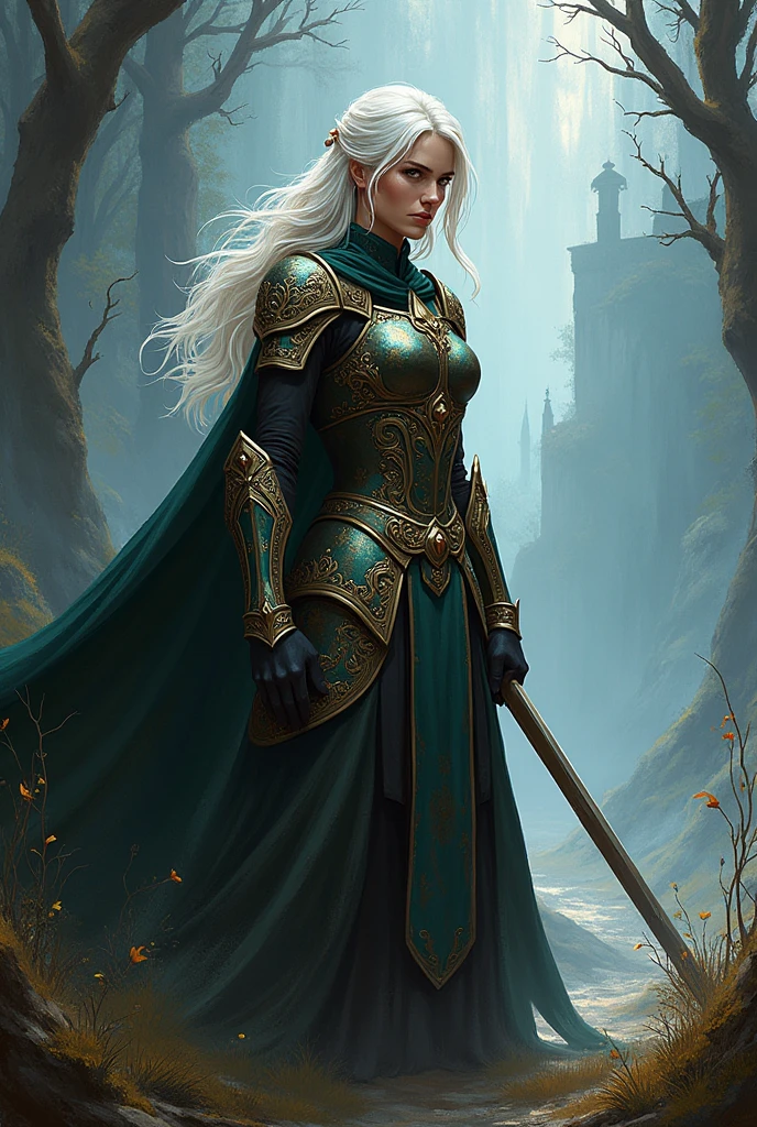 2d art, Keyleth vox machina, White hair, shorth hair, medieval armor, hight contrast