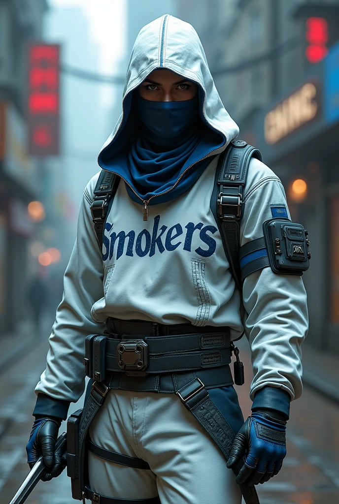 Generate a assassin holding dagger in right hand.
Outfit: White and blue cybordpuck with clear and not hidden print "smokers".
Background realistic