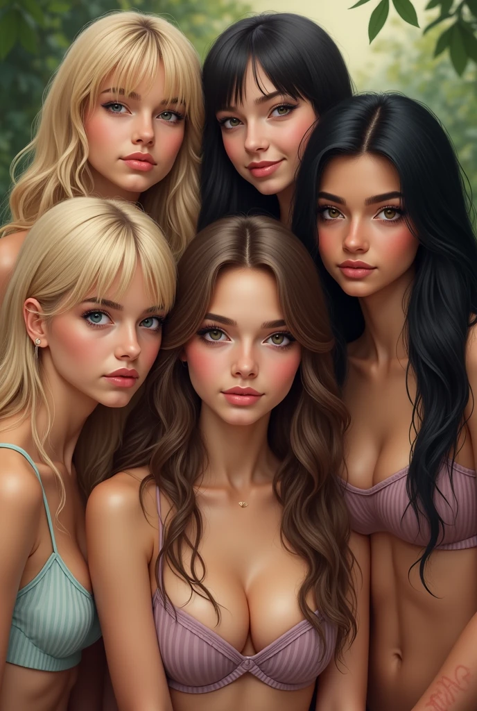 Five friends, a blonde friend with short hair below the shoulder, wavy and with bangs with a serious expression. Another friend with long blonde hair smiling. Another friend with short black hair and black eyes, Smiling expression. Another friend with beautiful black hair, rosto angelical. Another friend with dark brown straight hair and a bruise on her arm